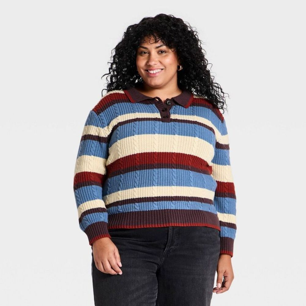 Women's Cable Collared Pullover Sweater - Universal Thread Multi Striped XXL